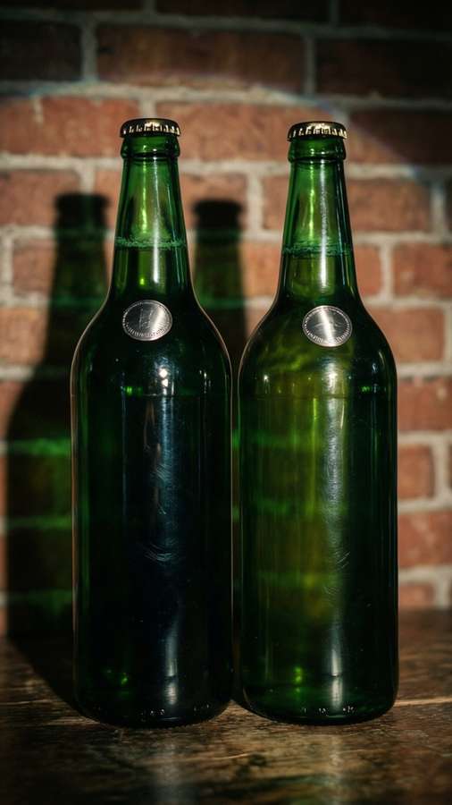 Side by side stout bottles against a brick wall with dramatic shadows and metallic labels. — Side By Side Wallpaper