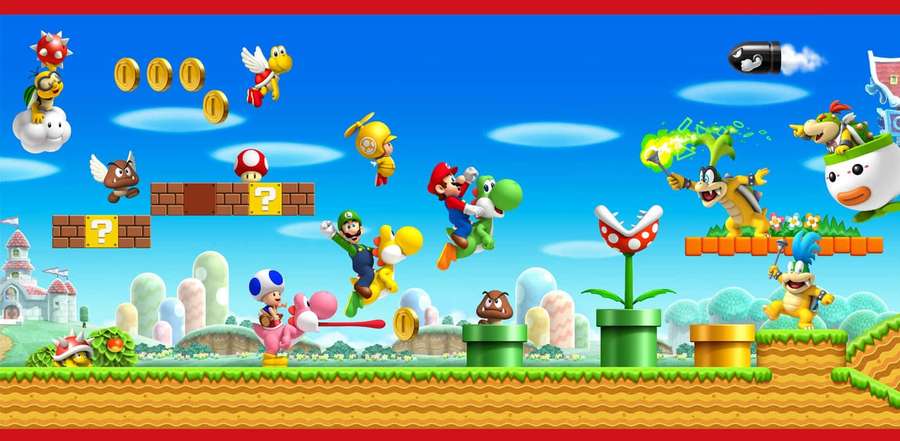 Mario ja Luigi hyppäävät värikkään tasotason yli vihollisten ja tehosteiden kanssa. — Sienikuningaskunta Taustakuvat