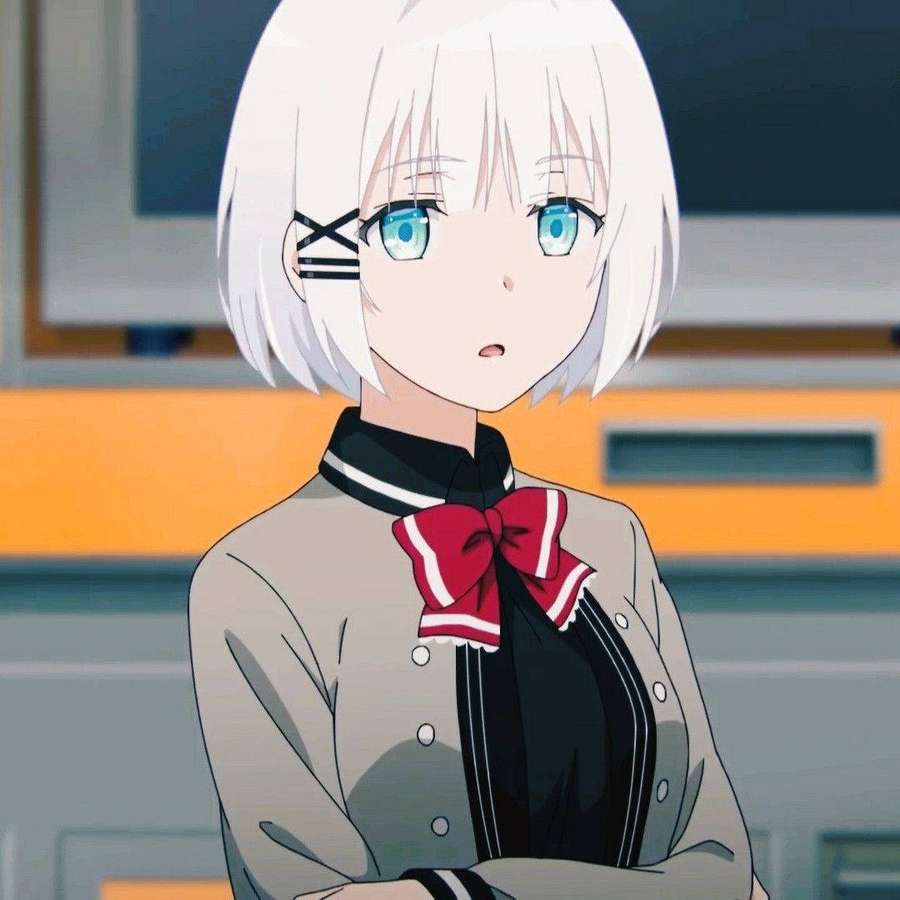 Anime girl with white hair and blue eyes in a school uniform with red bow. — Siesta Background