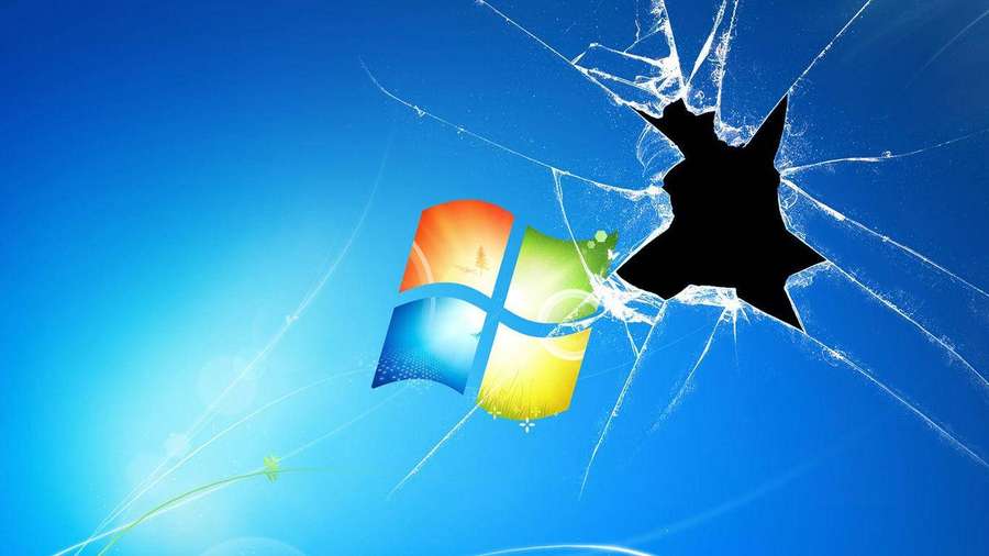 Särkynyt lasi paljastaa mustan aukon Windows-logon päällä sinisellä taustalla. — Siisti Pc Taustakuvat