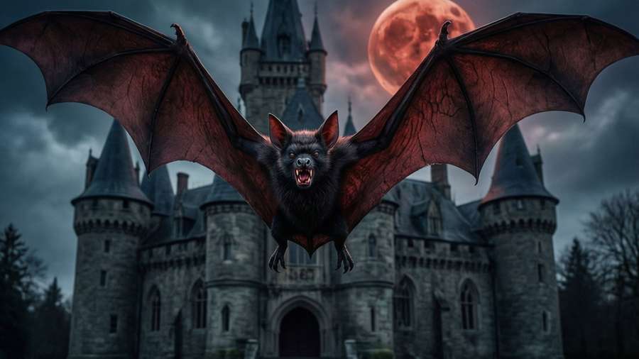 Silas transformed into a bat flying over a gothic castle under a blood moon. — Silas Karlisle Wallpaper