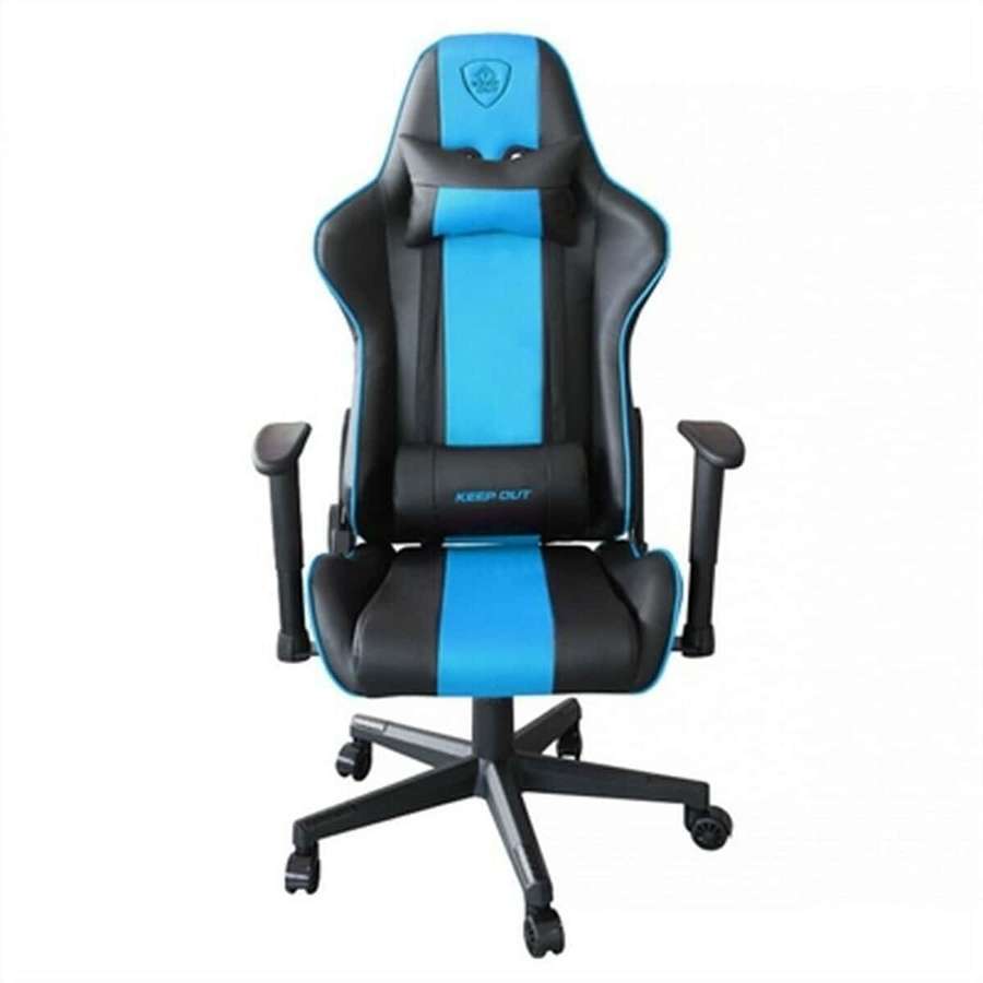 Silla gamer negra y azul con texto 'KEEP OUT' y logotipo de escudo. — Sillas de juego Fondos de pantalla