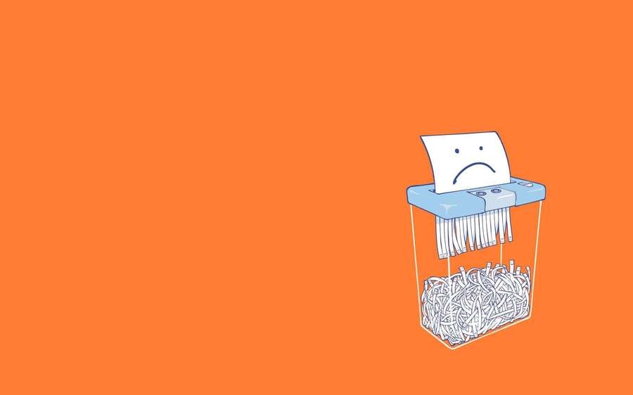 Sad paper document being shredded in a blue paper shredder on orange background. — Simple Aesthetic Computer Wallpaper