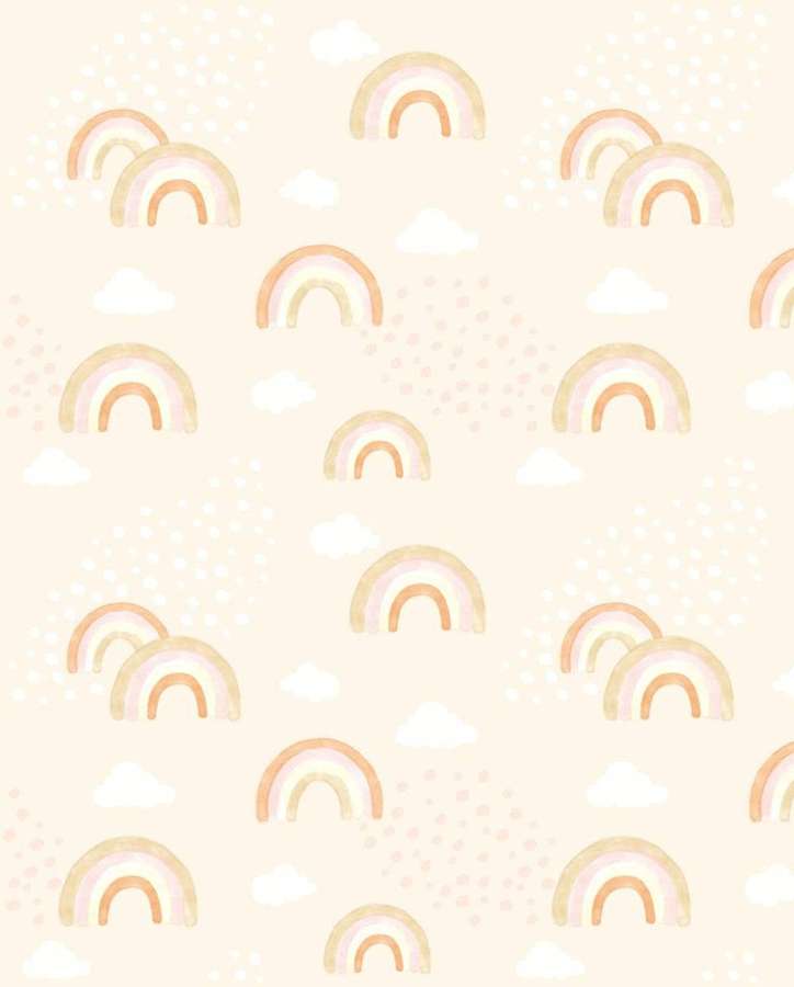 Pastel watercolor rainbows and clouds on a beige background with pink dots. — Simple Boho Wallpaper