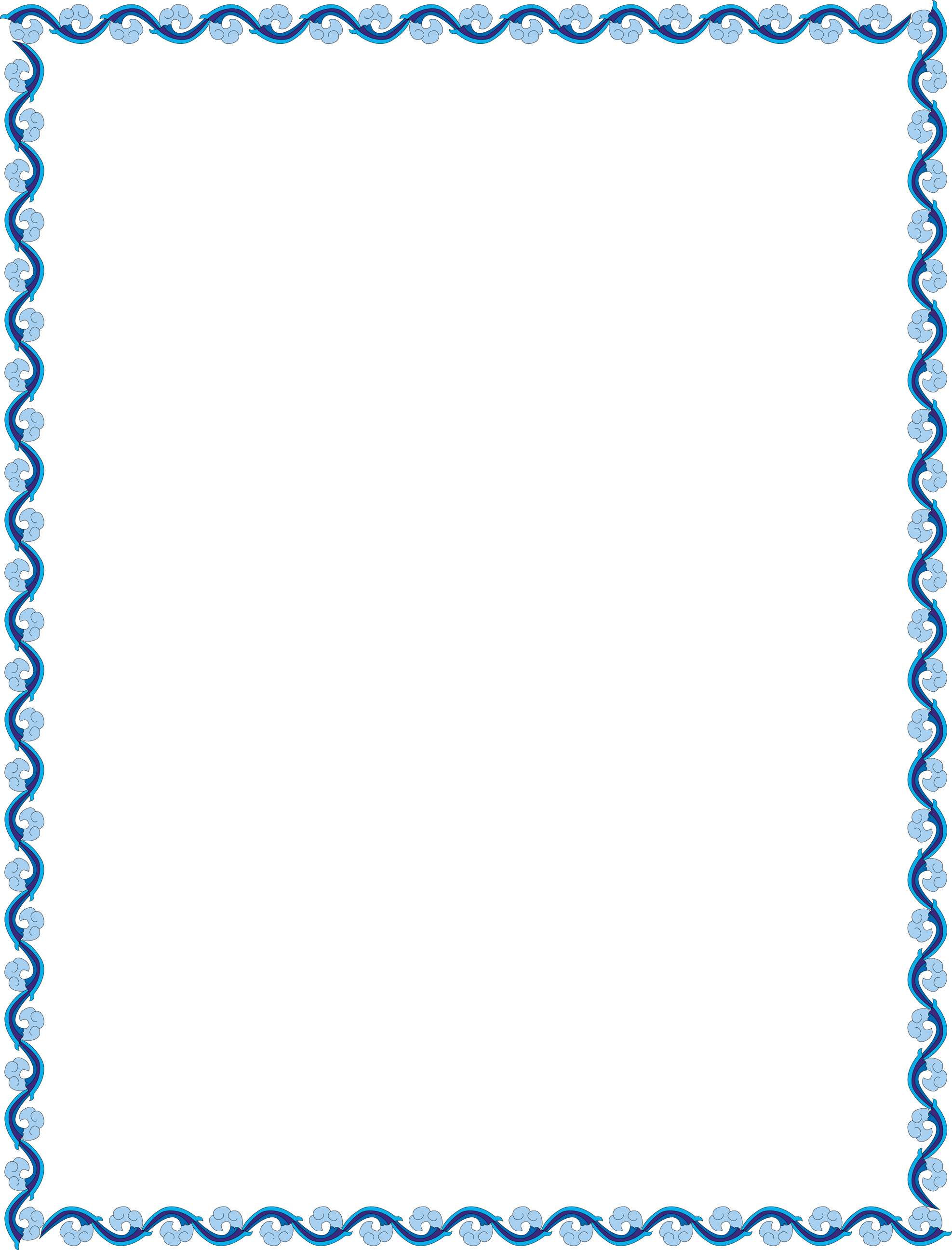 Blue floral swirl border with light blue flowers on white background. — Simple Border PNG