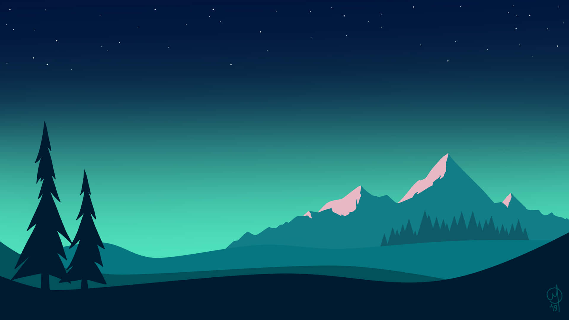 Night landscape with pine trees and mountains under a starry sky. — Simple Clean Background