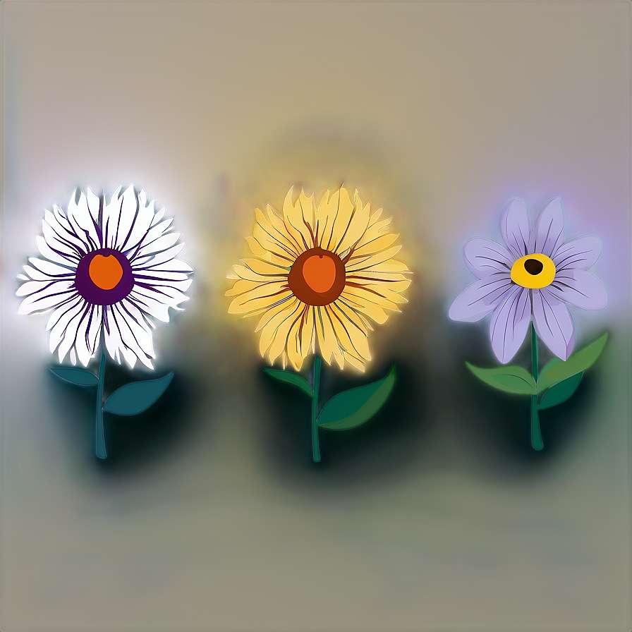 Three glowing daisies with colorful centers and green stems on a soft gradient background. — Simple Flower PNG
