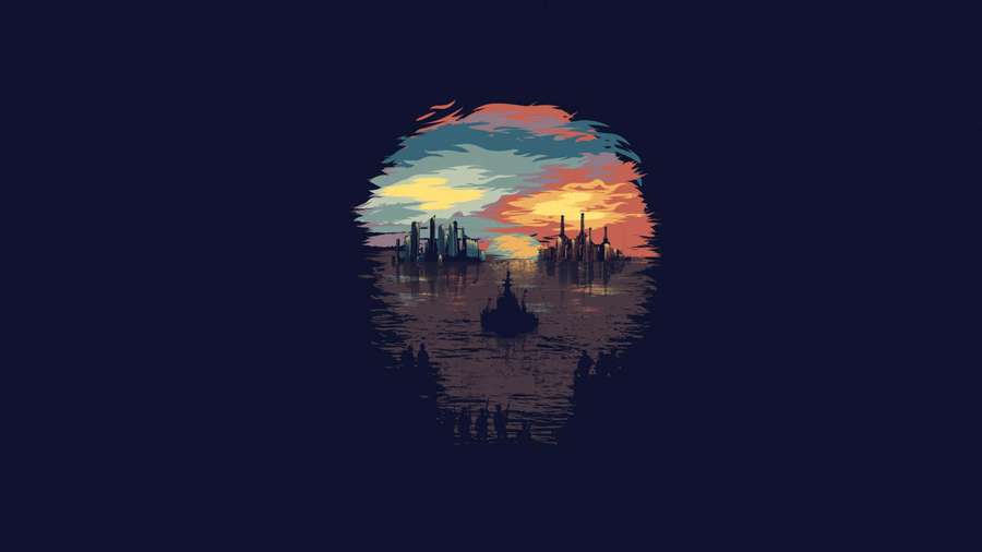 Skull-shaped window shows sunset over city skyline and ship on water. — Simplistic Background