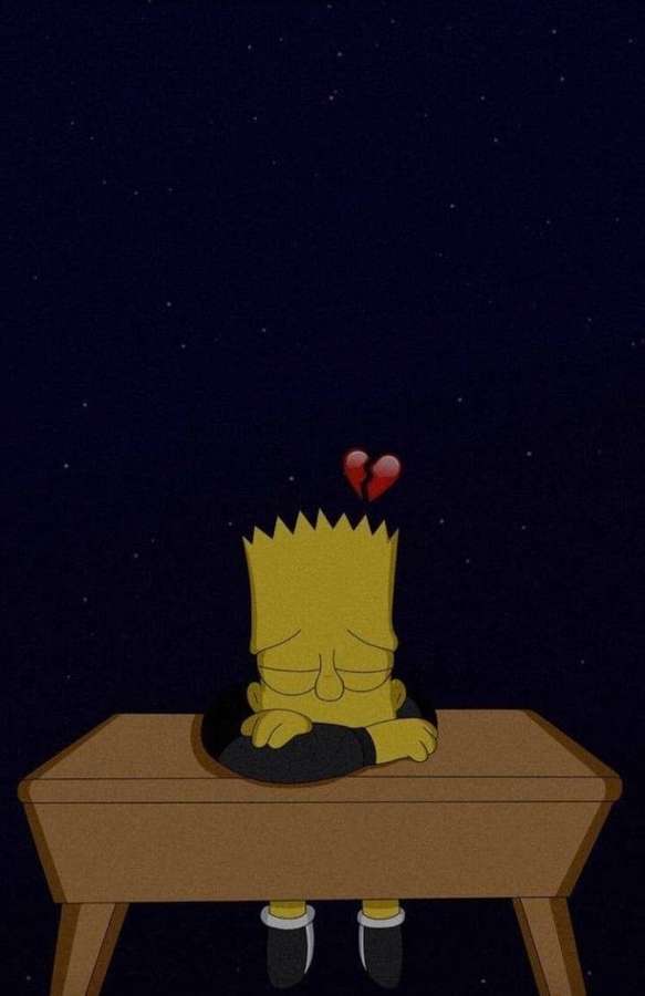 Bart Simpson está sentado em uma escrivaninha com um coração partido sobre a cabeça sob um céu noturno estrelado. — Simpsons tristes Papéis de Parede