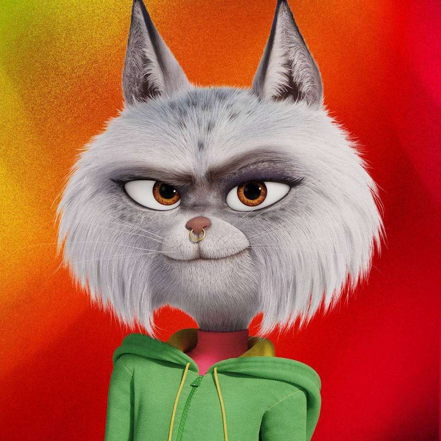 Eine mürrische graue Katze mit Nasenring trägt einen grünen Kapuzenpulli vor einem feurigen Farbverlaufshintergrund. — Singt 2 Wallpaper