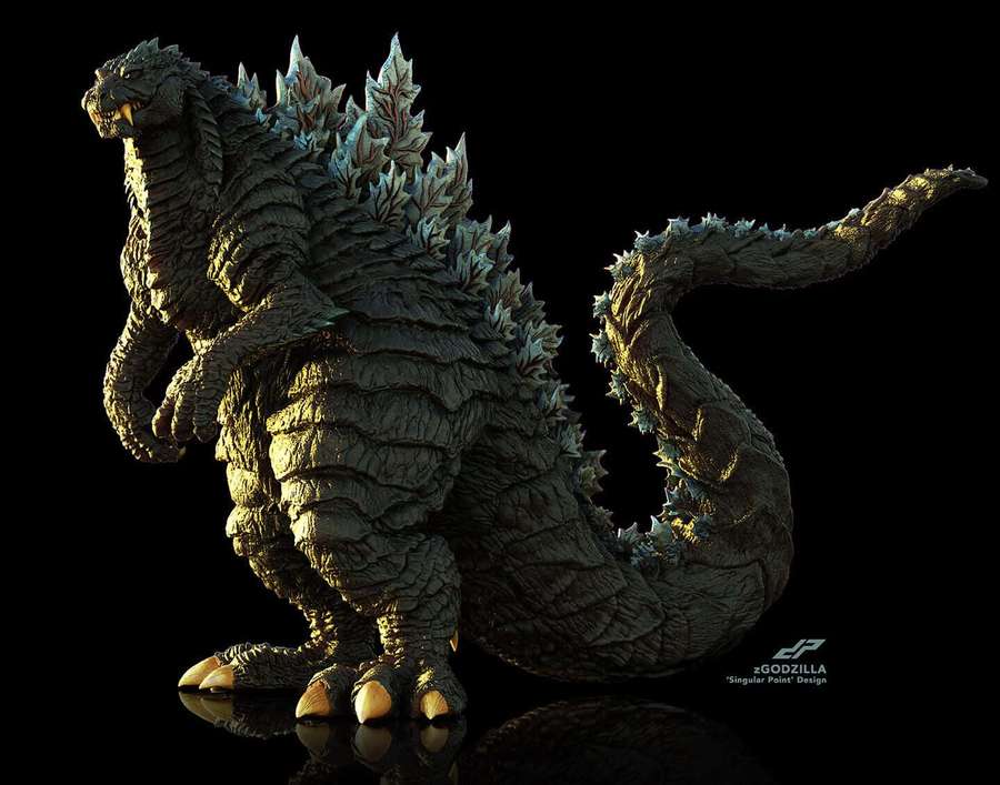 Giant Godzilla statue with glowing spikes and textured scales on reflective surface. — Singular Picture