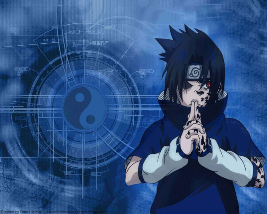 Anime-ninja, jolla on punainen silmä ja käsimerkki sinistä teknologia-taustaa vasten yin yangin kanssa. — Sininen Sasuke Taustakuvat