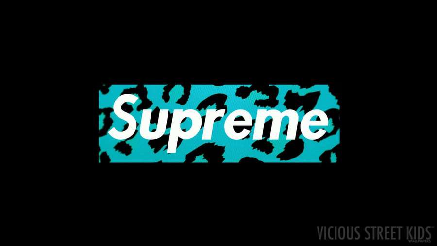 Supreme-logo valkoisena teal-leopardikuviotaustalla mustilla reunuksilla — Sininen Supreme Taustakuvat