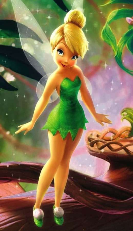 Tinker Bell de vestido verde em pé em um galho de árvore com estrelas brilhantes e folhas — Sininho Papéis de Parede