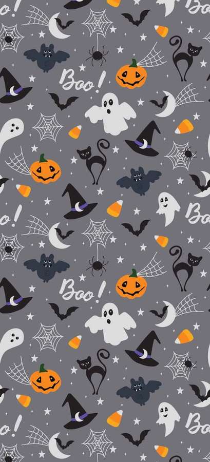 Motivo di Halloween con fantasmi, pipistrelli, zucche e cappelli da strega su sfondo grigio — Sinistro Sfondi
