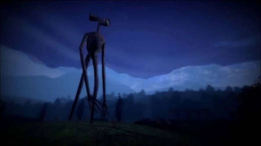A tall scary creature with a hammer head stands in a dark forest at night. — Siren Wallpaper