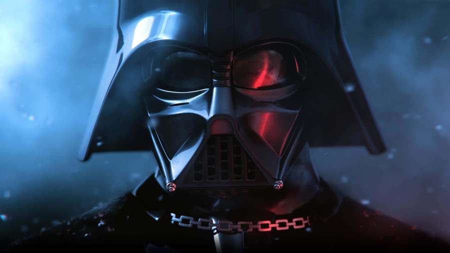 Darth Vader's helmet with glowing red eyes in a smoky blue environment. — Sith Lord Wallpaper
