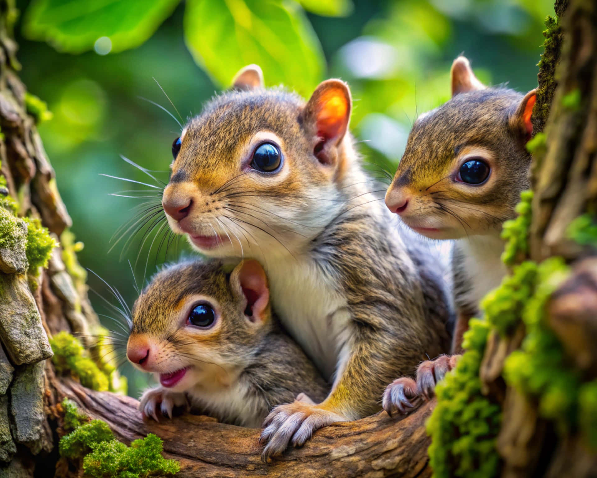Three baby squirrels with big eyes peeking from a mossy tree branch. — Sitting Wallpaper