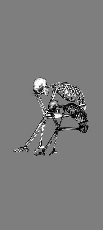 A skeletal figure bowing its head in a contemplative pose. — Skeleton Aesthetic Wallpaper