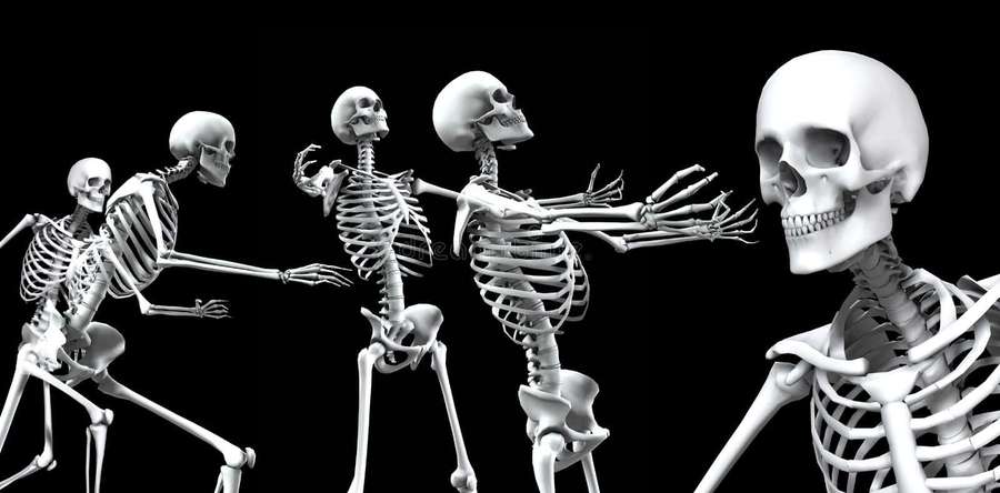 Four skeletons dancing in a playful pose against a black background. — Skeleton Picture