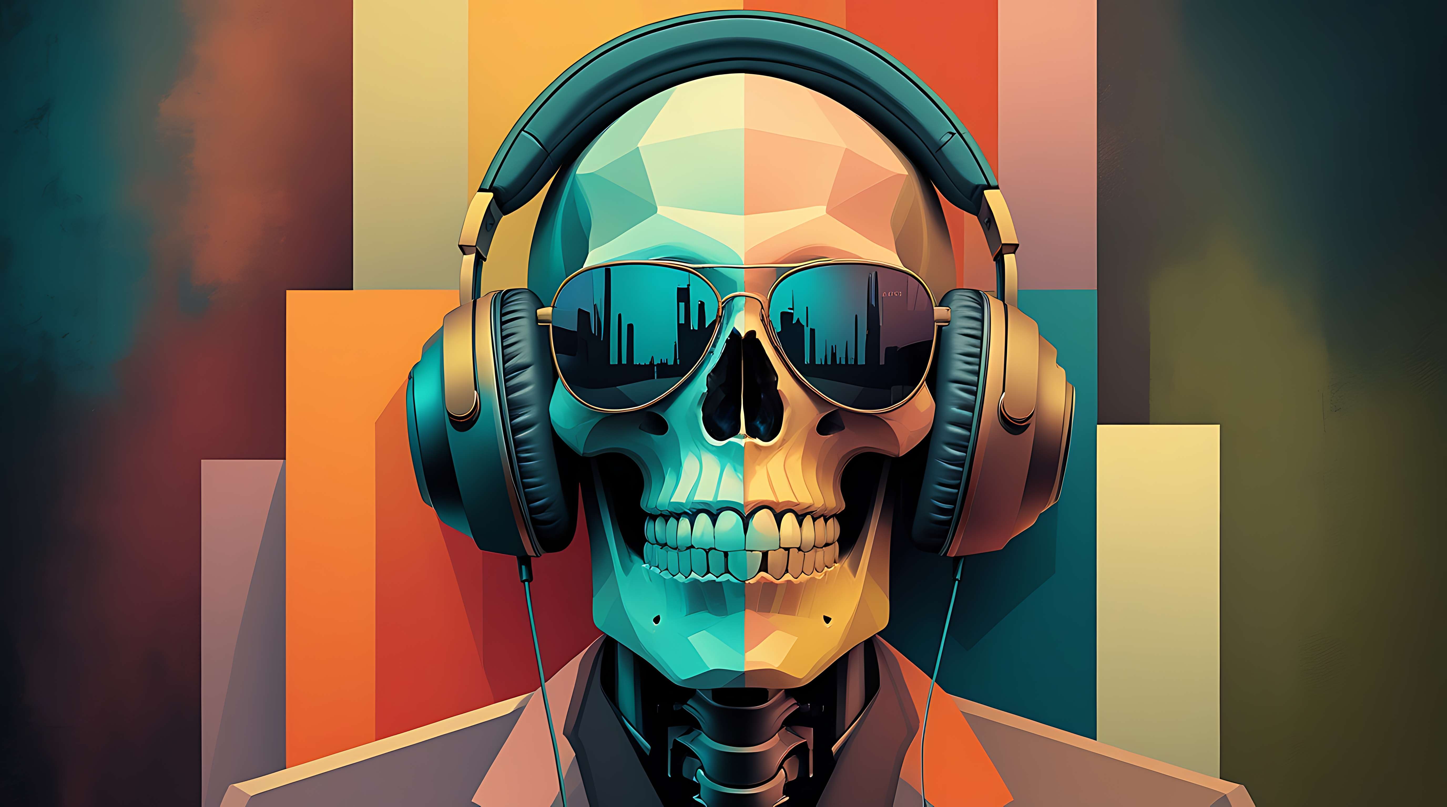 A skull in sunglasses and headphones reflects a city skyline against a colorful geometric backdrop. — Skeleton PNG
