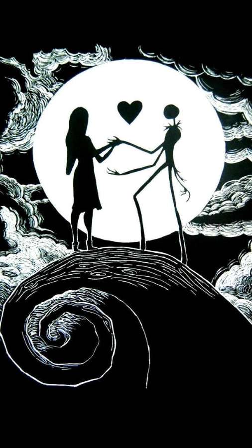 Two silhouetted figures holding hands under a full moon with a heart above them. — Skellington Background
