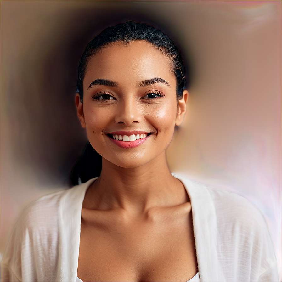 A smiling woman in a white top with a soft blurred background. — Skin PNG