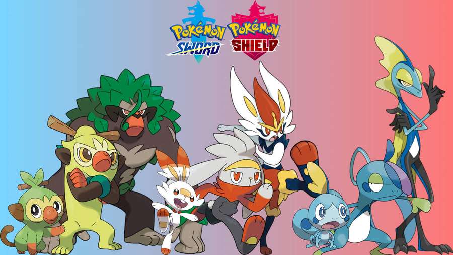 Pokémon Sword and Shield-spillkarakterer i anime-stil mot gradientbakgrunn. — Skjold Bakgrunner