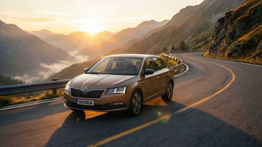Skoda Scala on a mountain road at sunrise — Skoda Scala Wallpaper