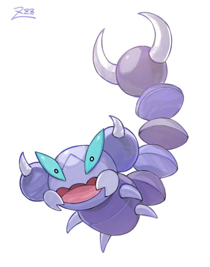 A purple scorpion Pokémon with teal eyes and a wide smile. — Skorupi Wallpaper