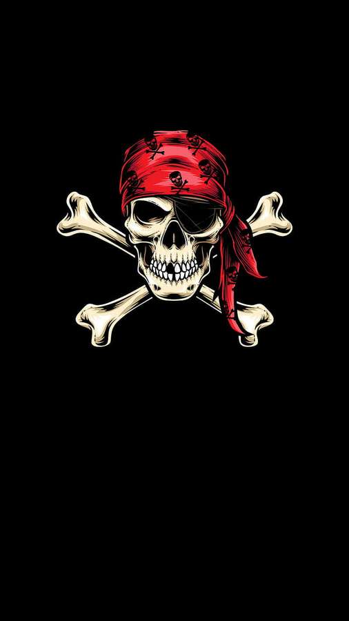 Pirate skull with red skull-patterned bandana and eye patch on crossed bones. — Skull And Crossbones Background
