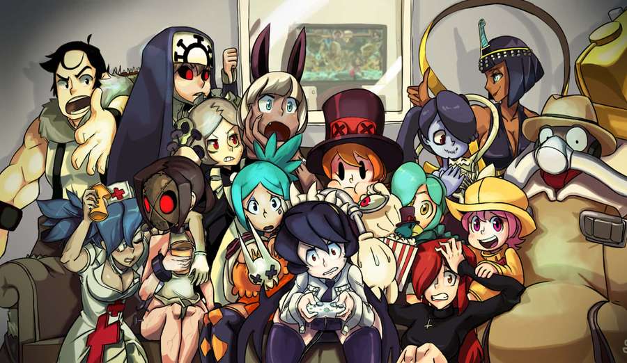 Anime characters gathered in a room, excitedly playing video games together. — Skullgirls Wallpaper