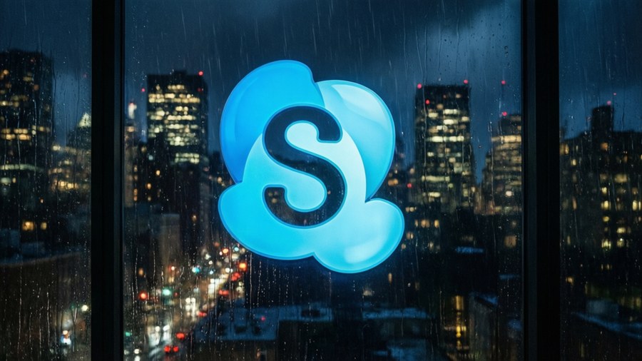 Skype logo glowing in a rainy city night wallpaper — Skype Wallpaper