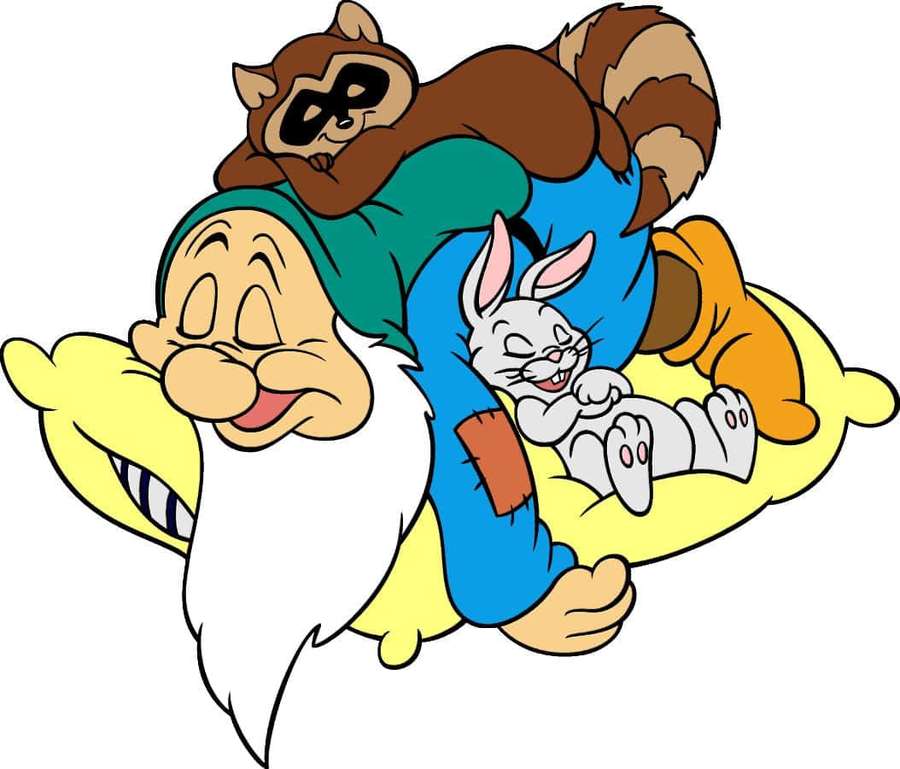 A sleeping cartoon dwarf hugged by a raccoon and a rabbit on a yellow pillow. — Sleep Background