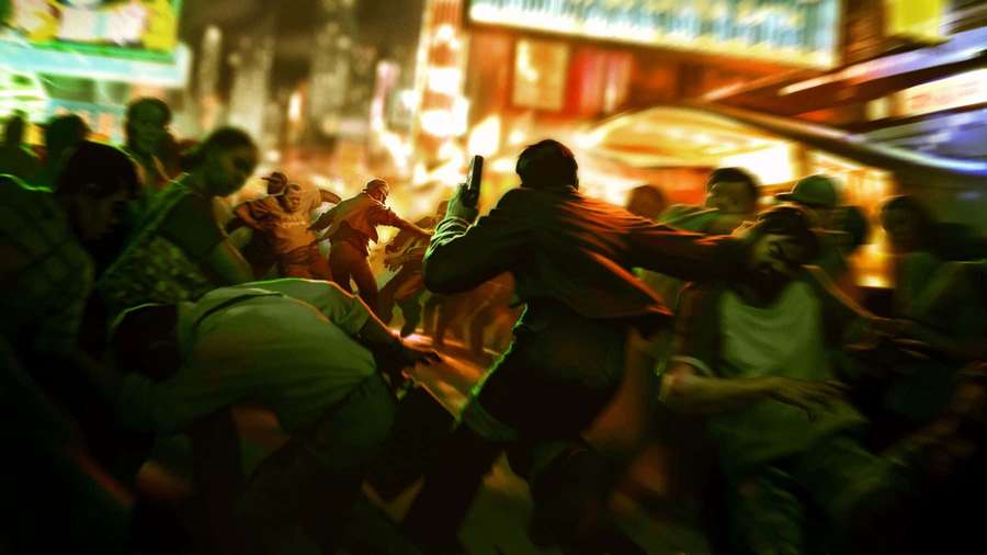 Nighttime street fight with neon lights and blurred motion. — Sleeping Dogs Background