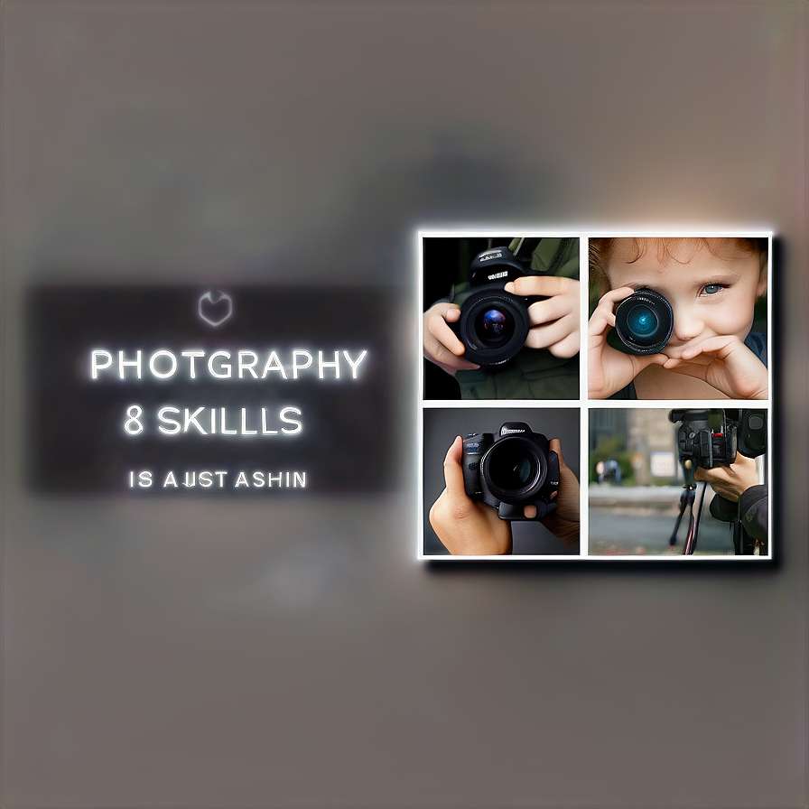 Four photos of people holding cameras with glowing text about photography skills. — Slideshow Picture