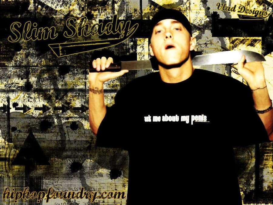 Emil eminem as slim shady holding knives against a grungy yellow and black background. — Slim Wallpaper