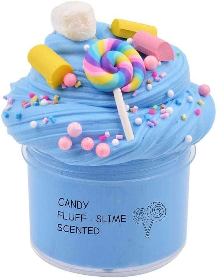 Blue slime in a cup shaped like a cupcake topped with candy decorations. — Slime Picture