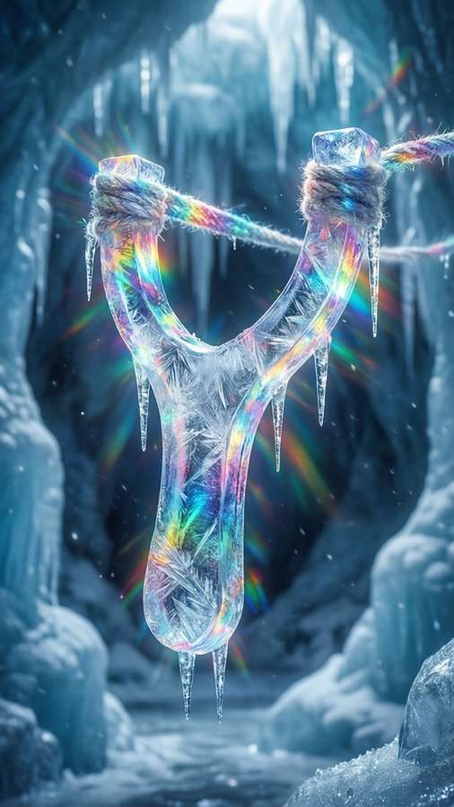 A magical ice slingshot floating in a frozen cave with rainbow reflections. — Slingshot Wallpaper