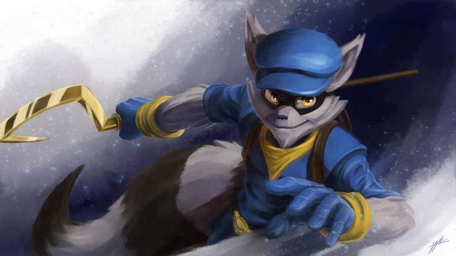 Anthropomorphic fox hero in blue gear wielding golden scythe in space — Sly Wallpaper
