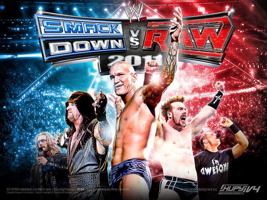 WWE wrestlers celebrate victory under arena lights with SmackDown vs RAW 2011 logos. — Smackdown Wallpaper