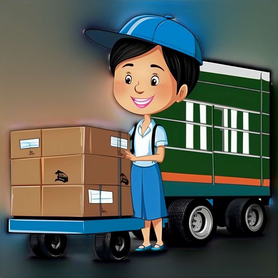 Smiling delivery worker pushing cart with boxes next to green truck. — Smart PNG