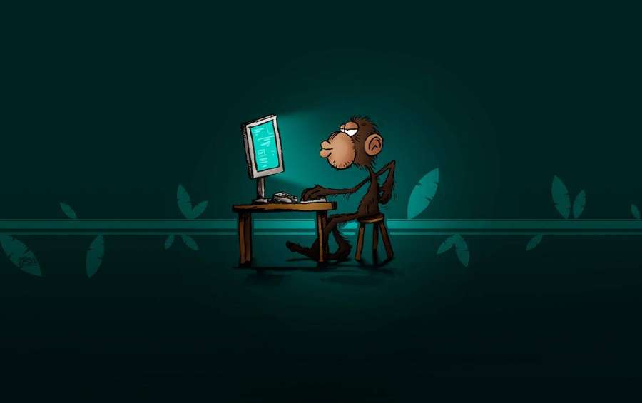 A cartoon monkey typing on a computer in a dark teal room with leaf silhouettes. — Smart Wallpaper