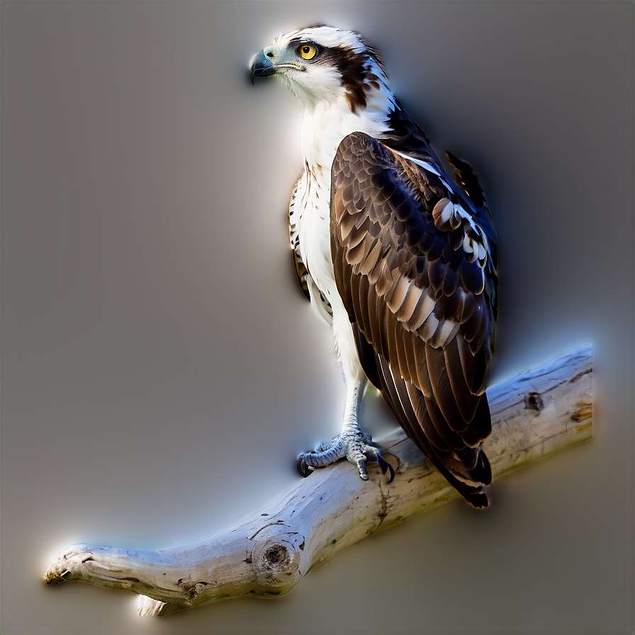 Osprey perched on a driftwood branch with intense gaze and detailed plumage. — Smartwatch PNG