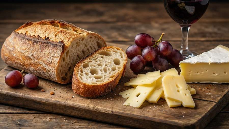 Wallpaper of a charcuterie board with baguette and cheese, savory aromas. — Smell Wallpaper