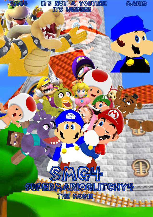 Glitchige 3D-Mario-Charaktere in einem chaotischen Fan-Art-Collage mit Schloss und Text. — Smg 4 Wallpaper