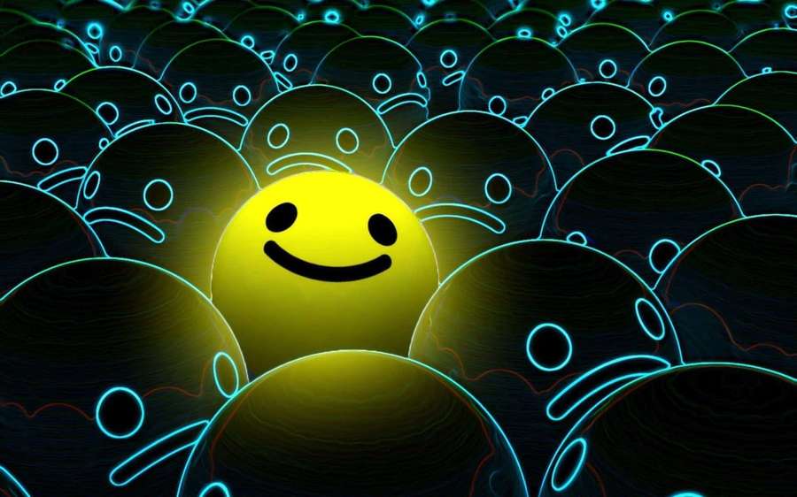 A bright yellow smiley face surrounded by dark frowning faces with neon outlines. — Smiley Face Background