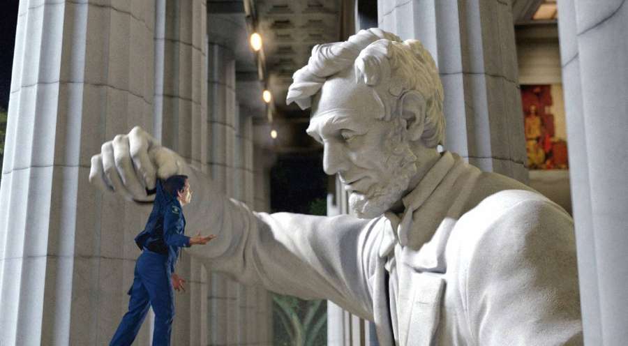Tiny person in blue suit walking under giant Lincoln statue in marble columned hall. — Smithsonian Background