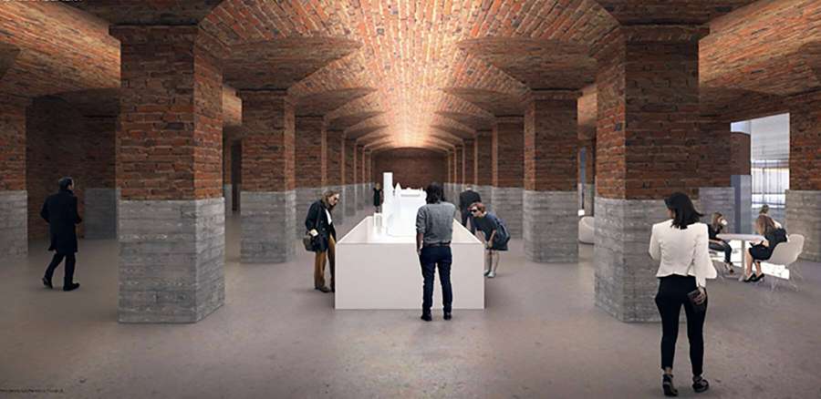 Besucher betrachten eine weiße Skulptur in einem historischen backsteingewölbten Galerieraum. — Smithsonian Bilder