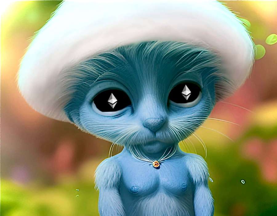 A blue furry creature wearing a white hat and a necklace with a yellow pendant. — Smurf Cat Wallpaper
